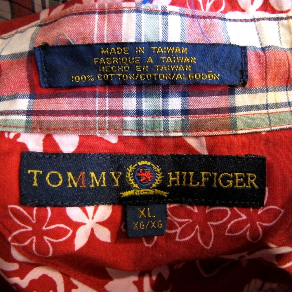 Vintage Tommy Hilfiger Short Sleeve Shirt Men's‎ XL Red Patchwork Floral Plaid - Picture 7 of 7